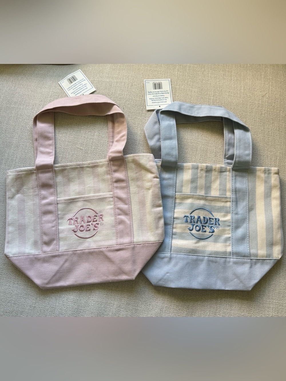 Trader Joe’s Striped Canvas Tote Bag - Pink & Light Blue. Set of 2.  NEW